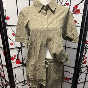 Army green Button-Up Shirt and Shorts Set